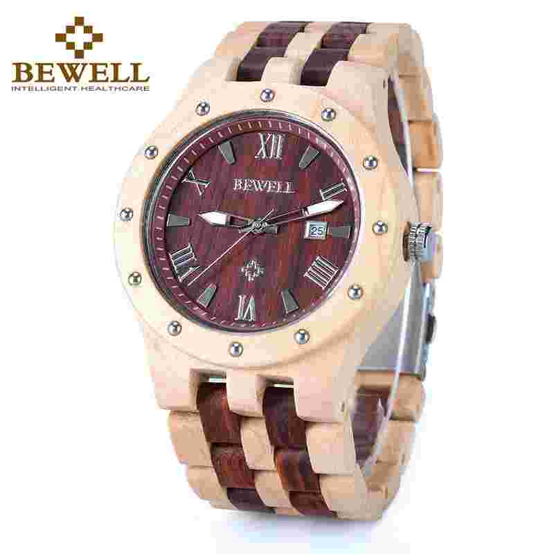Bewell W109A Mens Quartz Wood Watches Roman Numerals Dial Wooden Watch Xmas Gift
