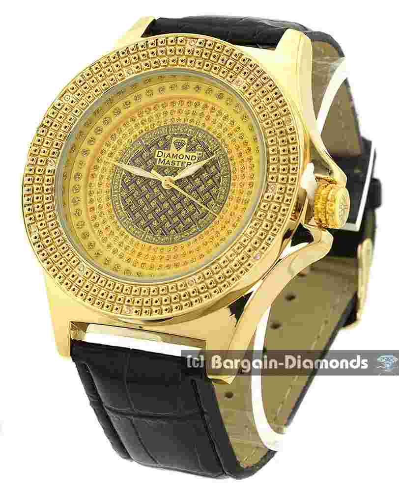 Mens Natural Diamond Gold Clubbing Watch Gold Weave Bling Dial 7"-9" Blk Leather
