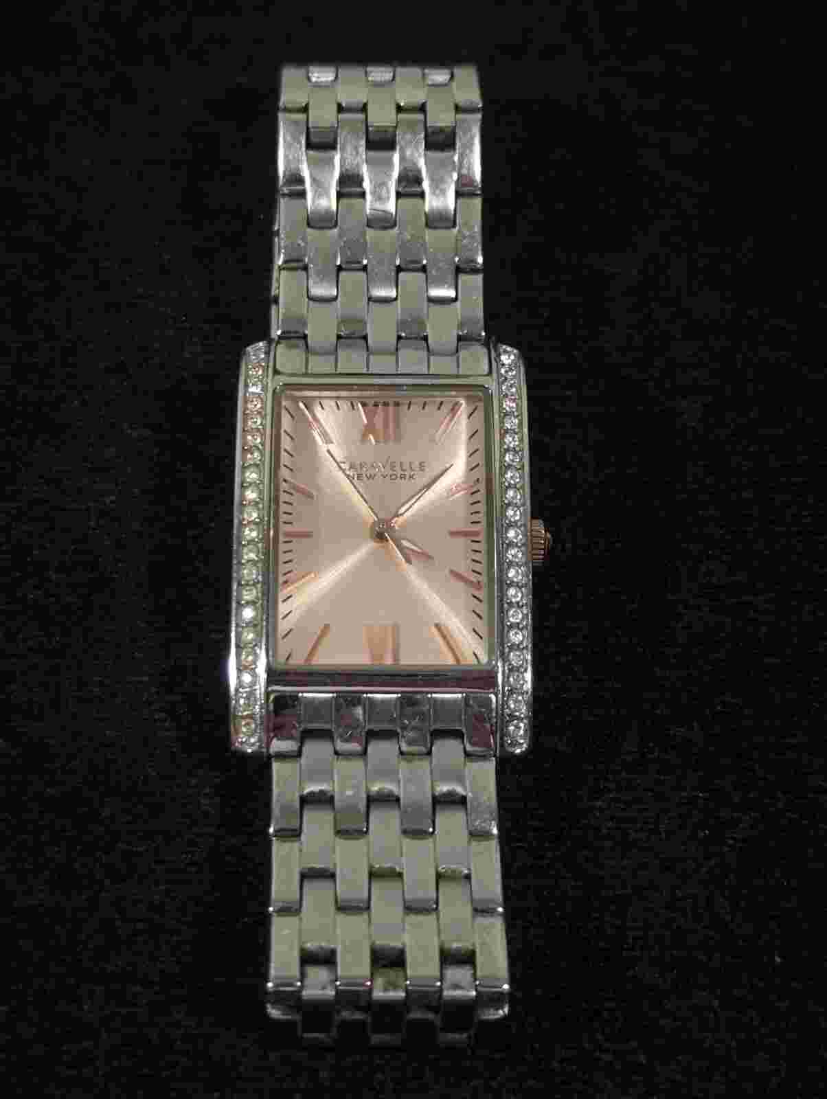 Caravelle By Bulova Gold Tone Dial Crystal Accent Rectangle Case Stainless Watch