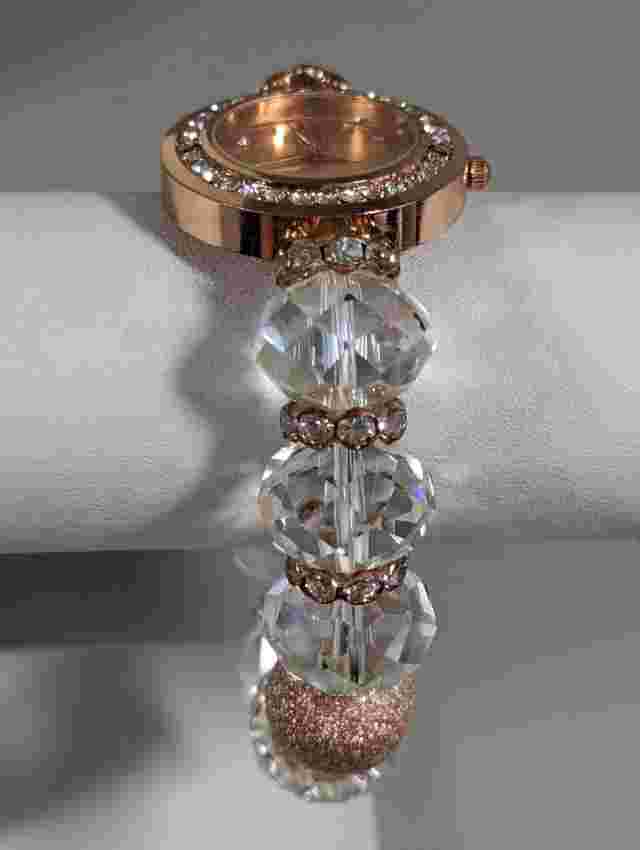 NYC Gold Tone Crystal Accent Round Case Bead Stretch Band Watch