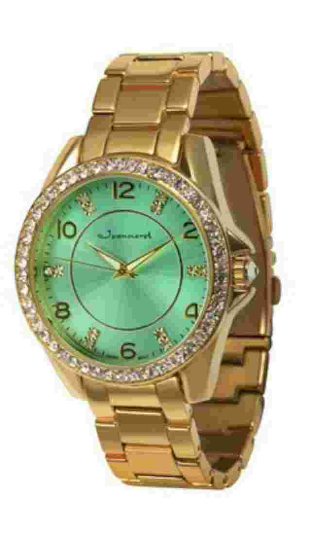 NEW Jeanneret 2003 Women's Rosetta Crystal Accent Green Dial Gold Bracelet Watch