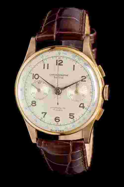 Excellent Rare 18K Rose Gold Antimagnetic Chronograph Watch, Chronographe Suisse