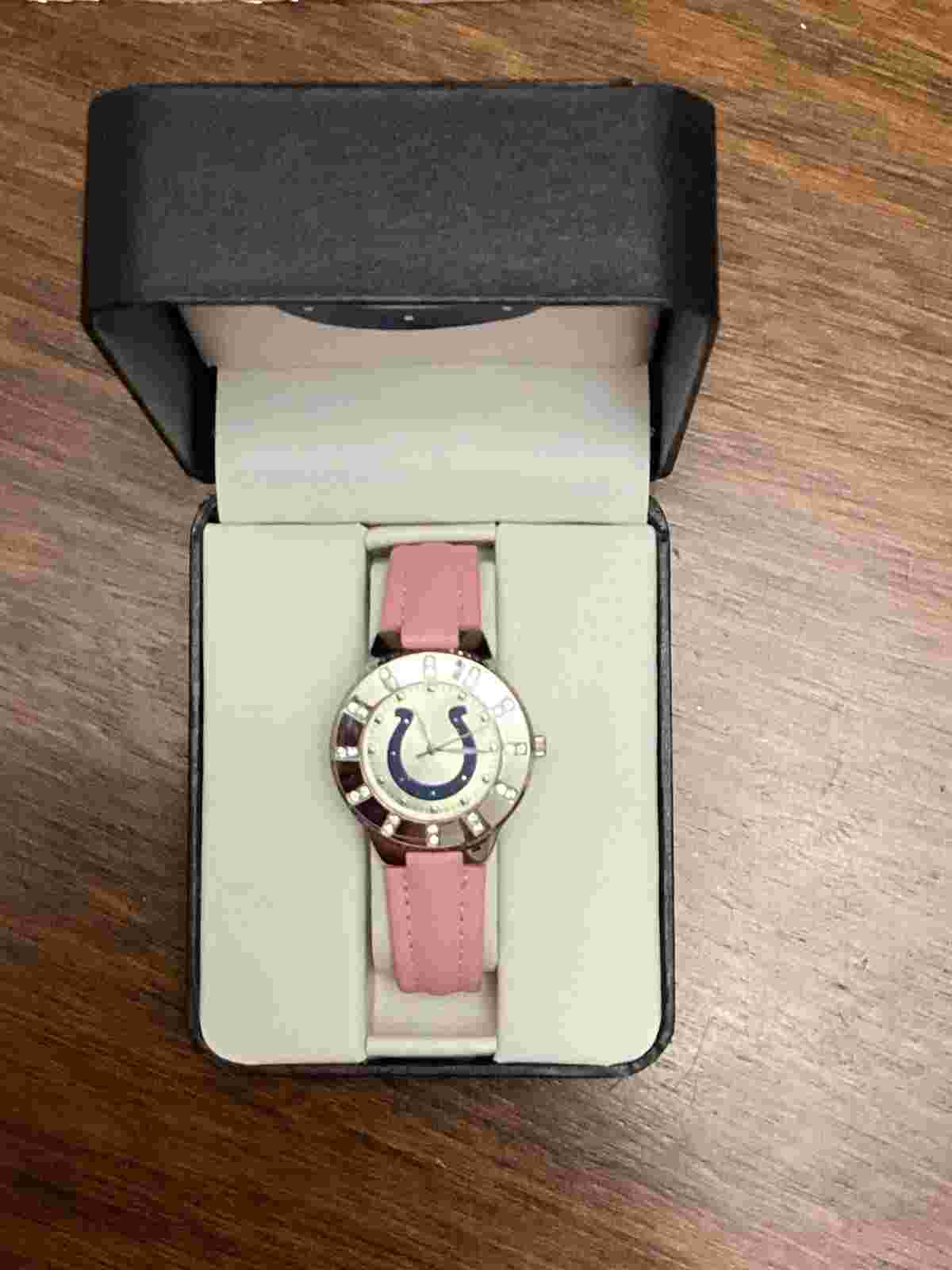 Indianapolis Colts Silver Tone Crystal Accent Bezel Pink Leather Band Watch
