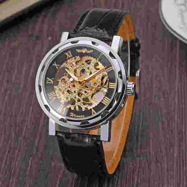 WINNER Skeleton Golden Roman Numerals Stainless Steel Leather Watch New