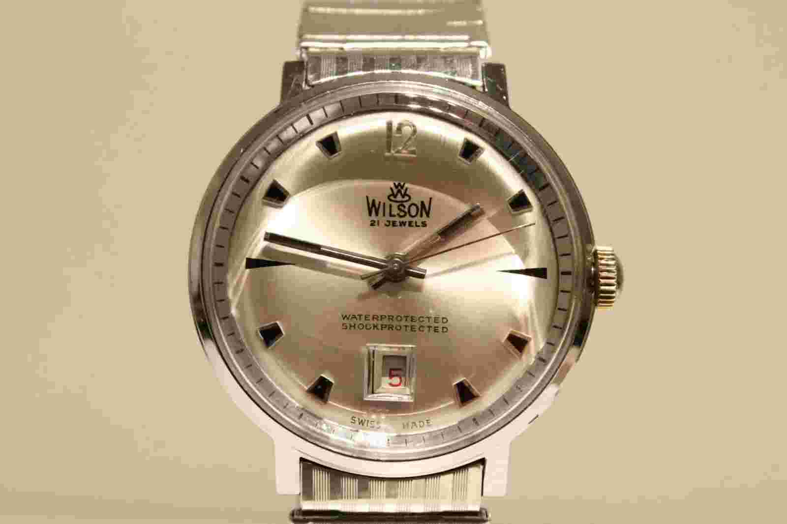 VINTAGE BEAUTIFUL SWISS HAND WIND UP MEN'S WATCH "WILSON" 21 J./DATE ON SIX