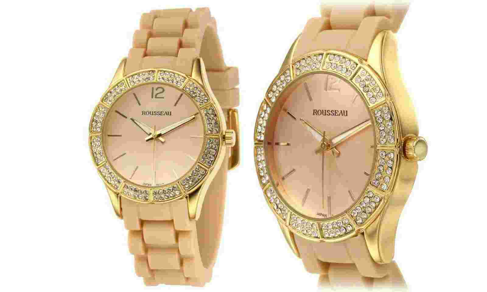 NEW Rousseau 9795 Women's Heidi Crystal Bezel Beige Silicone Strap Gold Watch
