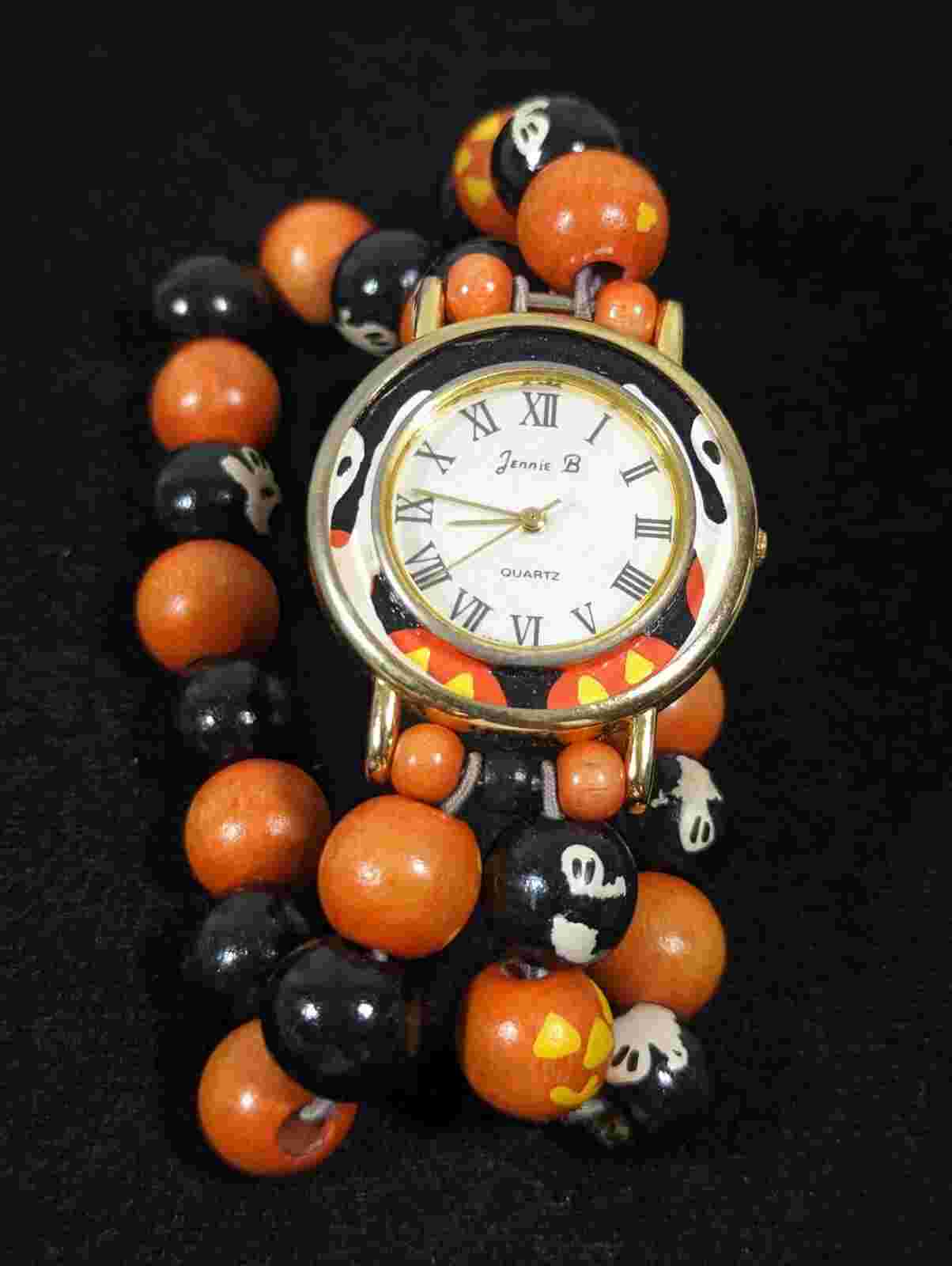 Jennie B White Dial Orange Black Halloween Ghost Bead Band Watch 7.25 Inch