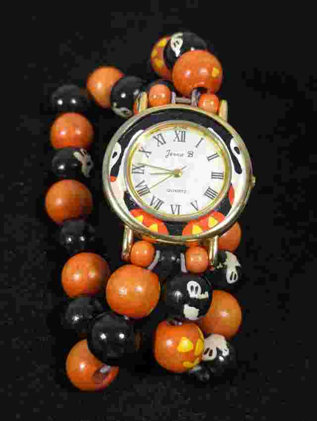 Jennie B White Dial Orange Black Halloween Ghost Bead Band Watch 7.25 Inch