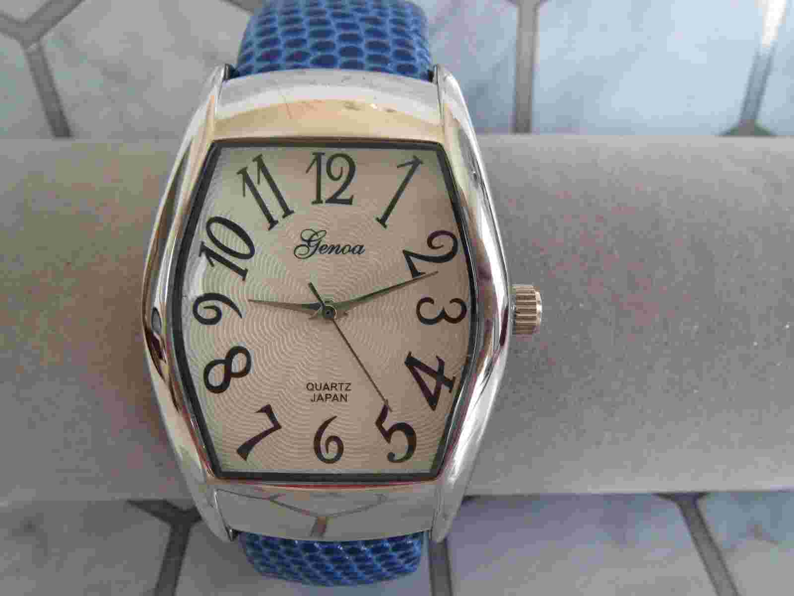 GENOA Ladies Silver Plated Blue Leather CUFF BANGLE BRACELET WATCH New Battery