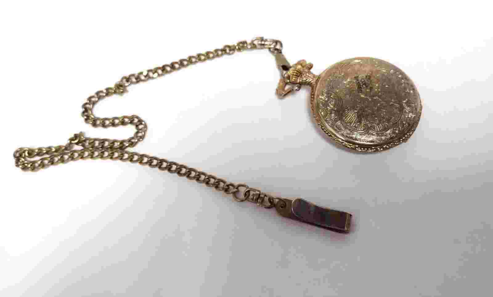 Watch-It Gold Tone Eagle Quartz Pocket Watch With Chain - Needs Battery