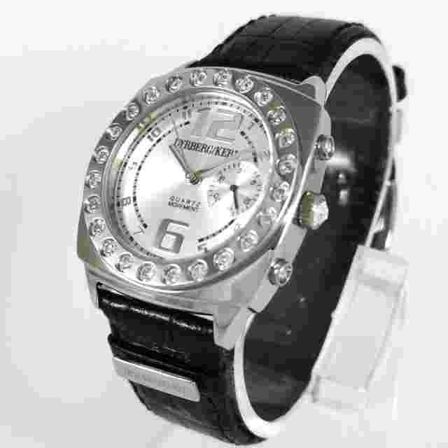 Dyrberg/Kern Silver Black Leather Strap Diamonds Quartz Women's Wrist Watch