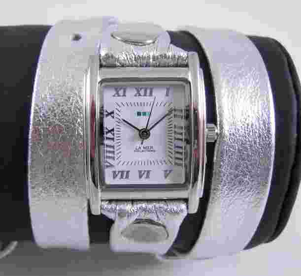LA MER Watch Simple Metallic Silver Wrap Silver Square White Dial