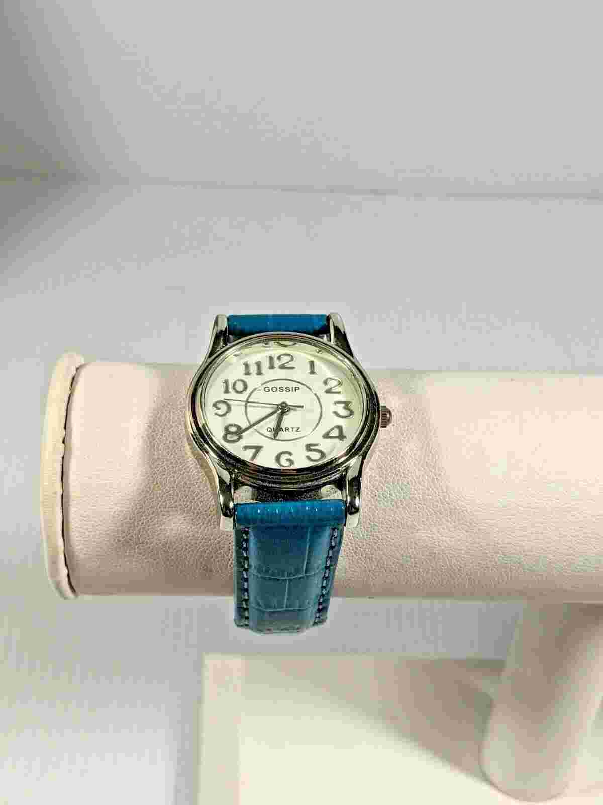 Gossip Silver Tone Blue Leather Band Watch 8 Inch