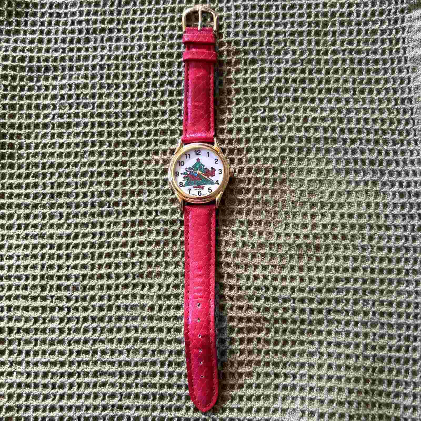 CHRISTMAS Tree Watch Green Leather Band New Battery Vintage Gold tone NEWPORT