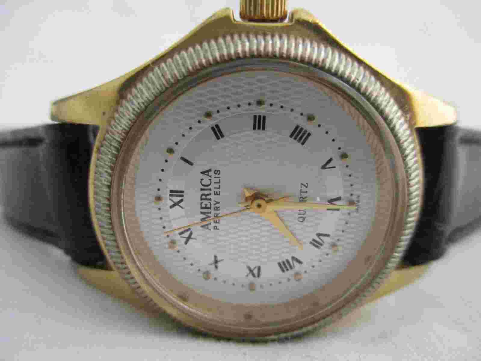 America Perry Ellis Watch Gold & Silver Tone Black Leather Band Roman Numerals