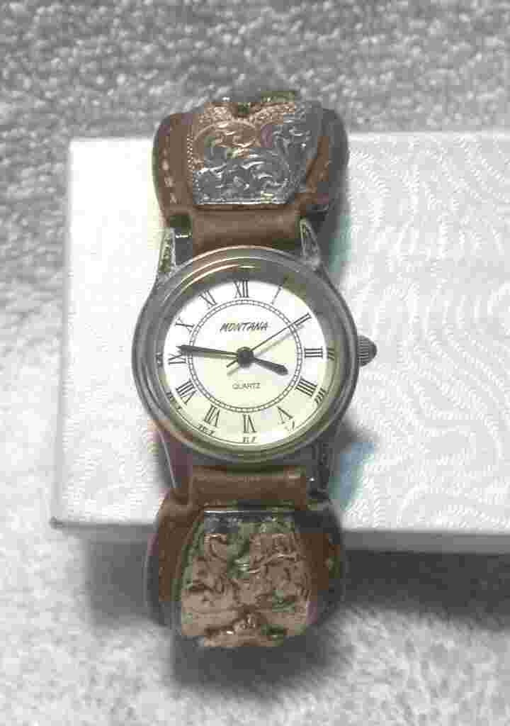 Montana Silversmiths Watch Barrel Race Brown Leather Silver Gold New Bat Vintage