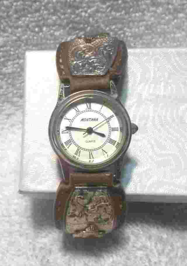Montana Silversmiths Watch Barrel Race Brown Leather Silver Gold New Bat Vintage