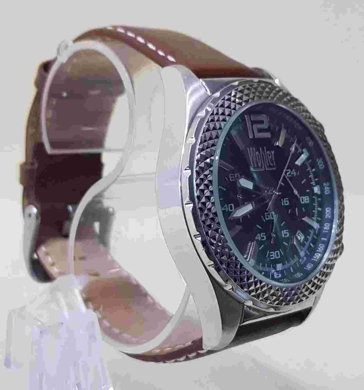 Wohler Magnus Chronograph Watch Black Dial Brown Leather Band...NEW BATTERY