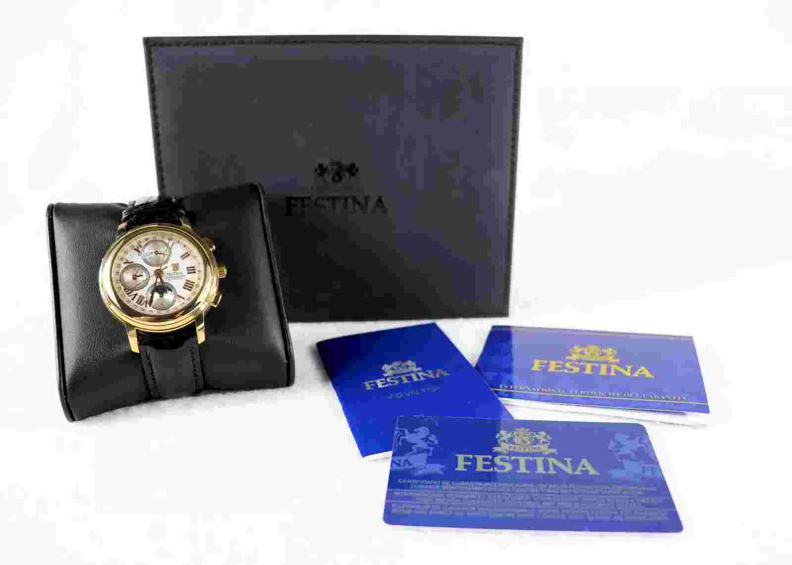 Men's Festina 18k Gold Strata Moon Phase Chronograph Automatic Luxury 42mm Watch