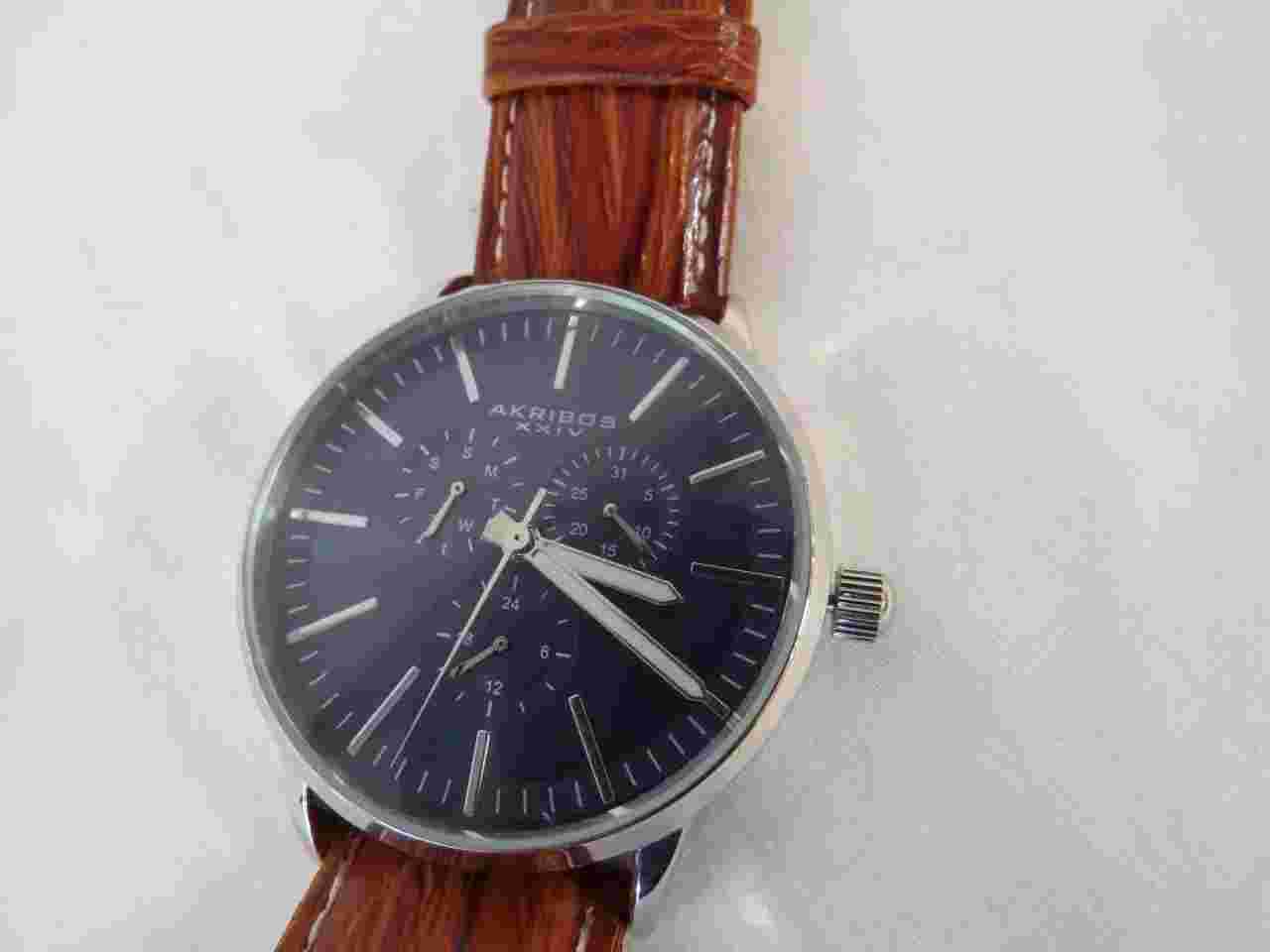 Men's Akribos Stainless Watch Leather Band Day/Date 24HR Blue Dial 45mm NWOT