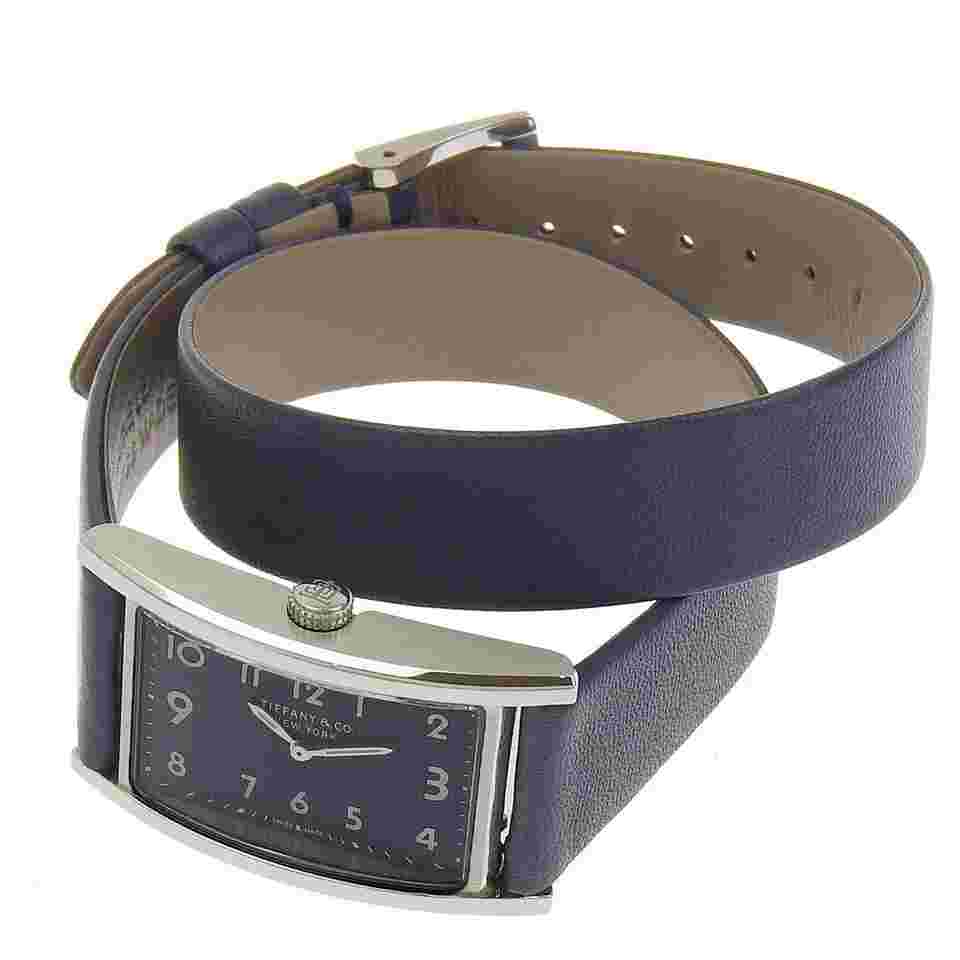 TIFFANY EAST WEST WATCH SS STAMPED LEATHER QUARTZ ANALOG LADIES GRAY DIAL ROUND
