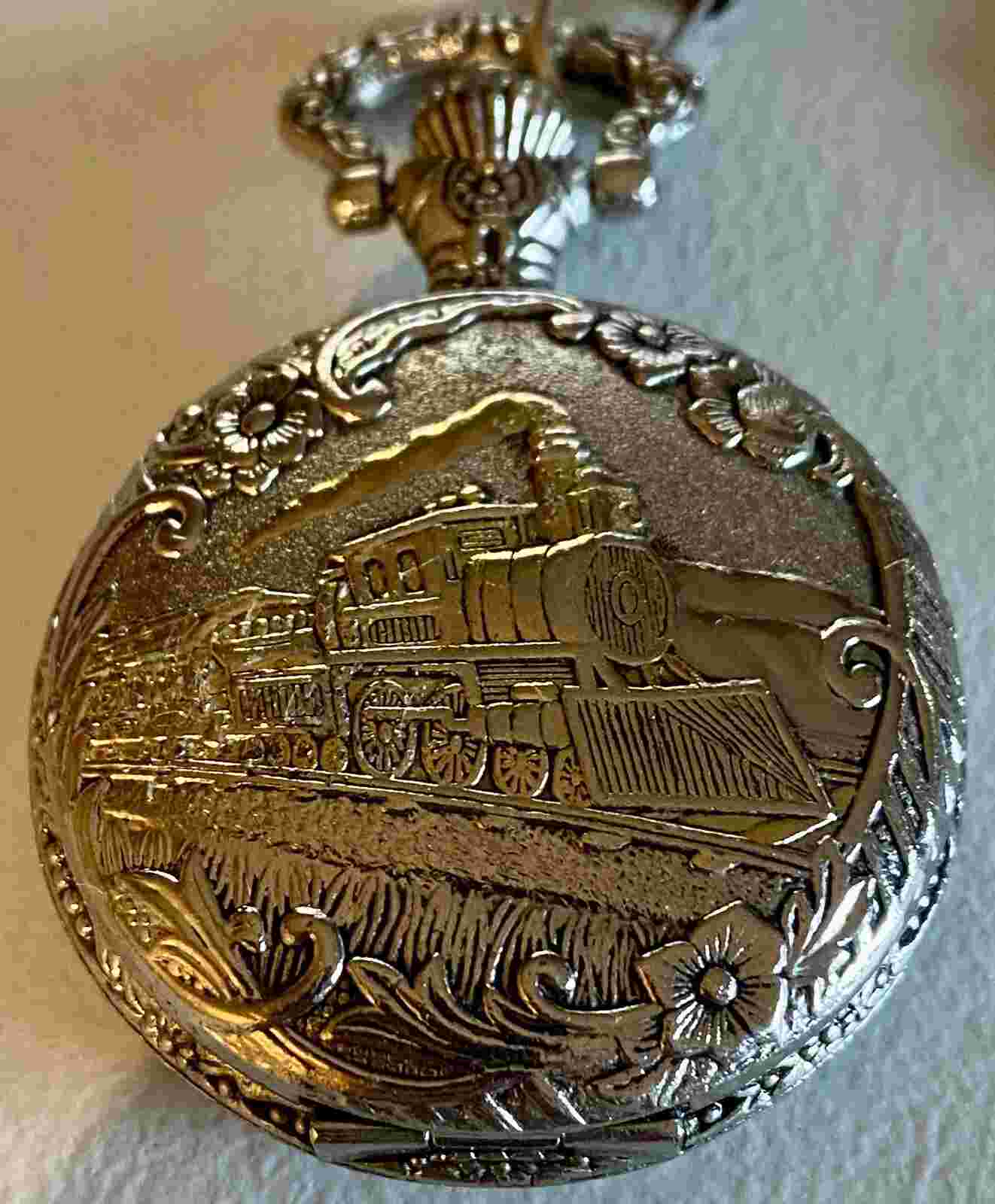 Watch-It Gold/Silver Tone Locomotive Train Pocket Watch W/Chain Japan Movt