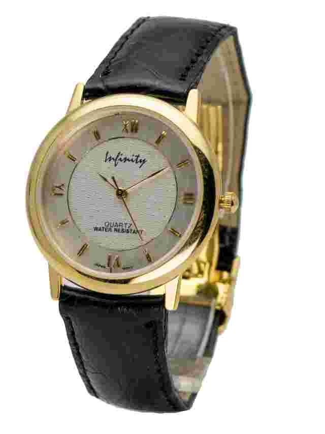 INFINITY: GENUINE LEATHER BAND W/FOLDING CLASP GD CASE ANALOG QUARTZ WATCH
