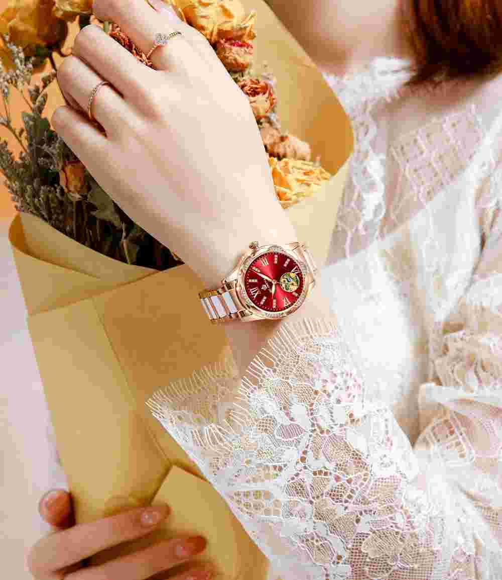 New Women Mechanical Wristwatches Hollow Crystal Petal Shape Automatic Watch