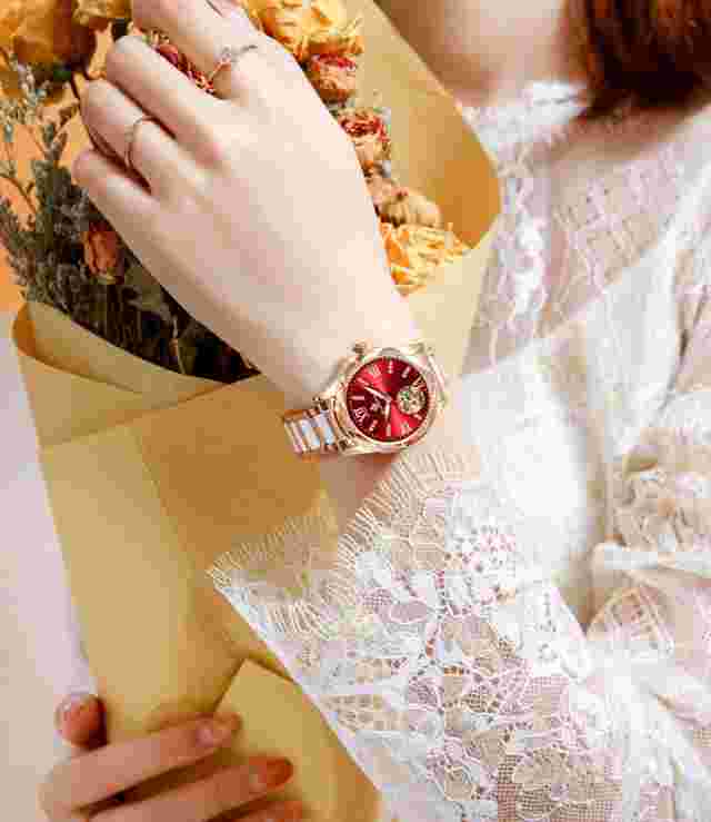 New Women Mechanical Wristwatches Hollow Crystal Petal Shape Automatic Watch