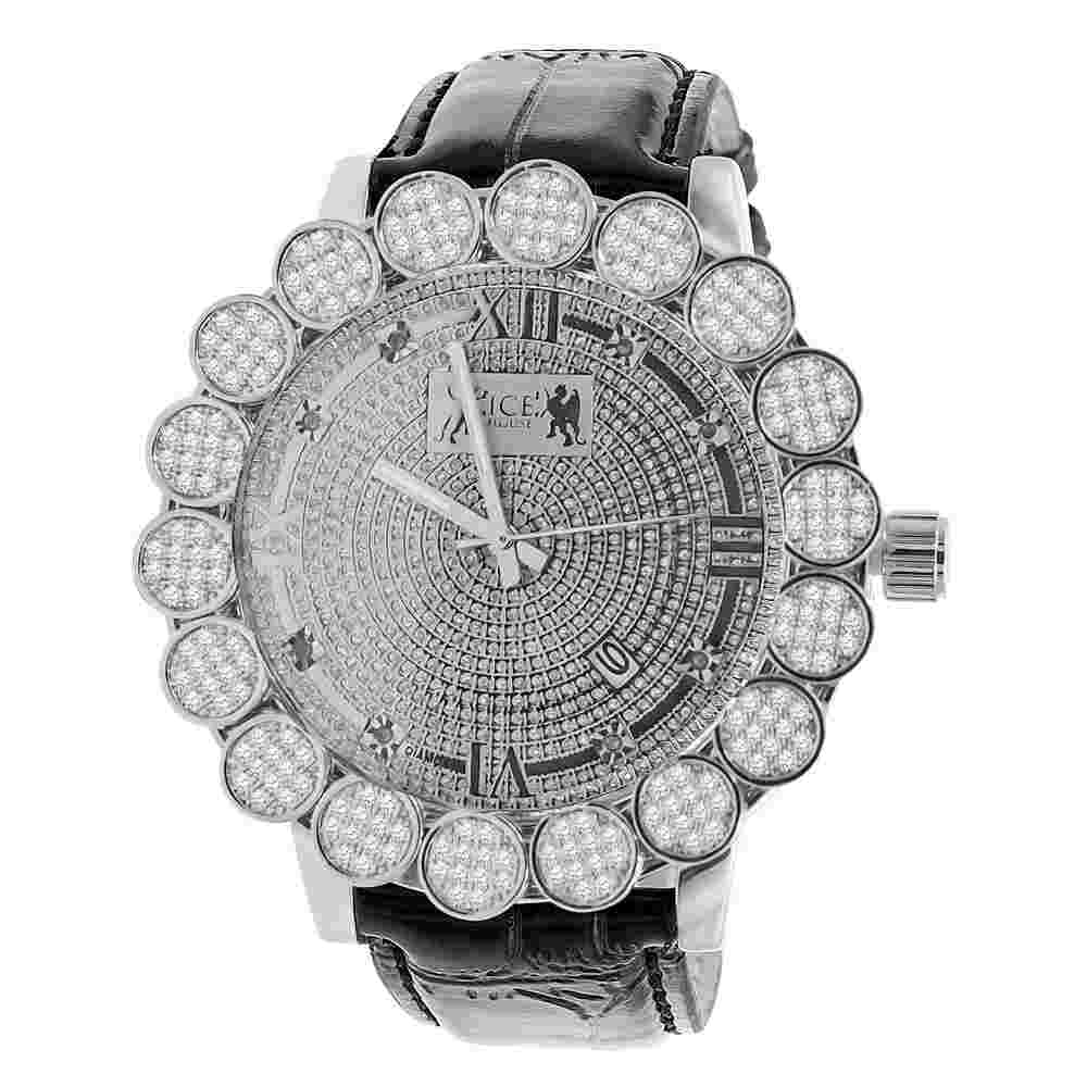 Flower Bezel Roman Face White Gold Real Diamonds Dial Leather Band W/Date Watch