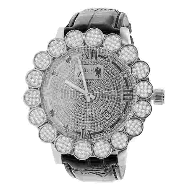 Flower Bezel Roman Face White Gold Real Diamonds Dial Leather Band W/Date Watch