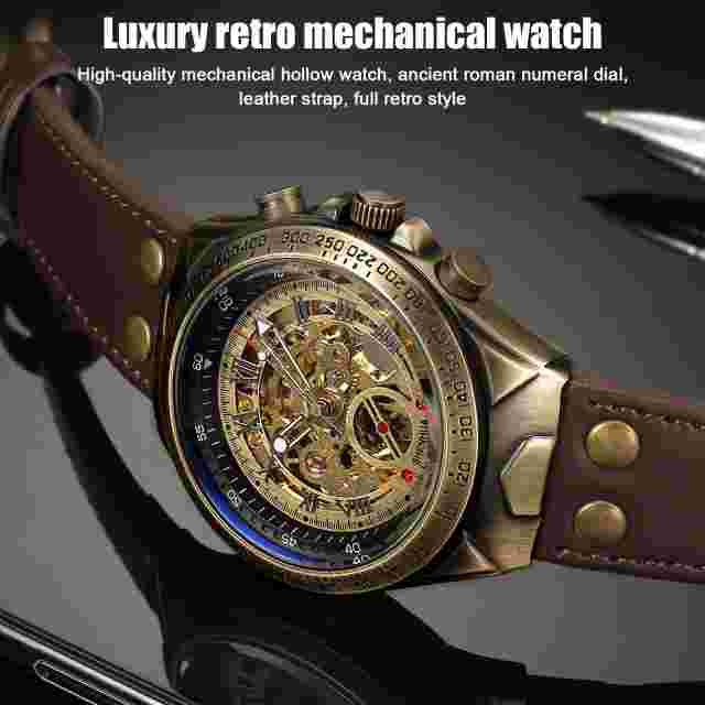 Men Stainless Steel Business Wristwatch Leather Strap Automatic Mechanical Watch