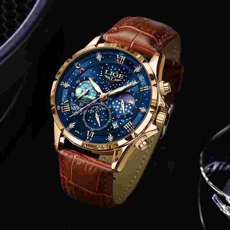 Reloj de Hombre con Caja de Acero Inoxidable Pulsera en Piel Suizo Dorado Azul