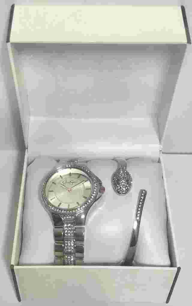 Jessica Simpson Watch Silver Tone & Crystal Snake Hinged Bangle Bracelet Set