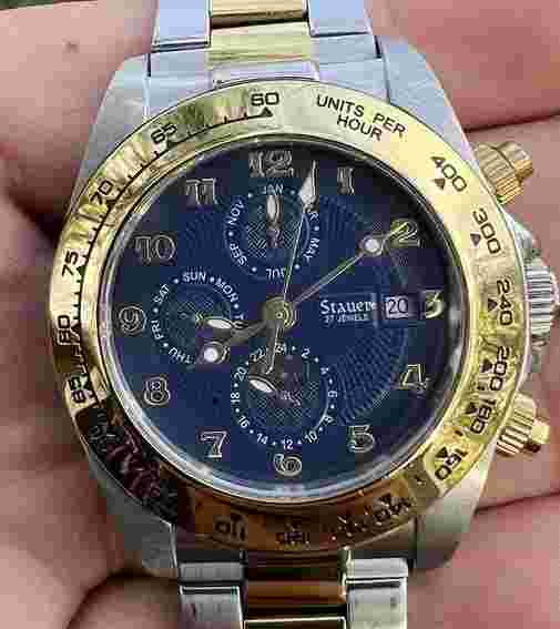NEW: Men's Stauer Automatic Chronograph 27 Jewels Blue Face Gold & Silver Tone