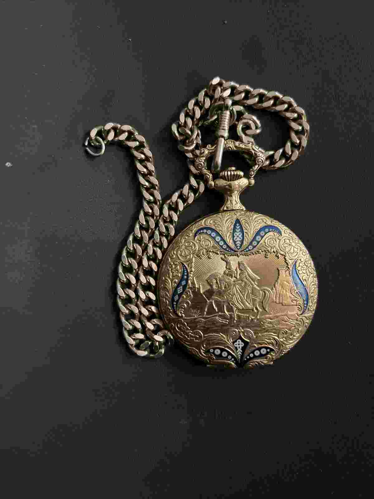 Arnex Swiss Enamel on Gilt Metal Engraved Wind-Up Pocket Watch