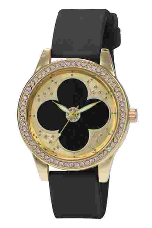 Milano Expressions Black Silicon Band Gold Case Dial Rhinestone Bezel Watch