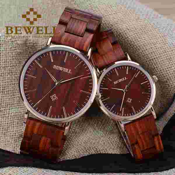 Bewell Couples Wrist Watch Quartz Analog Ladies Wooden Watches for Men/Women