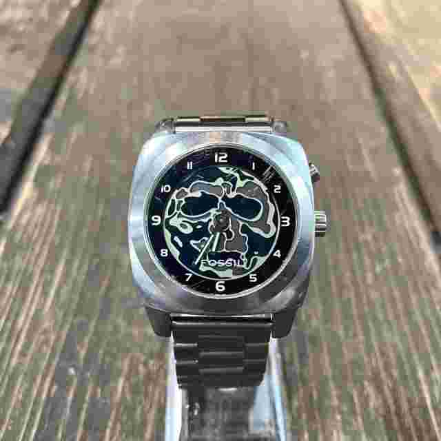 Fossil bic tic skull camo 00s 90s y2k men's analog black stainless steel