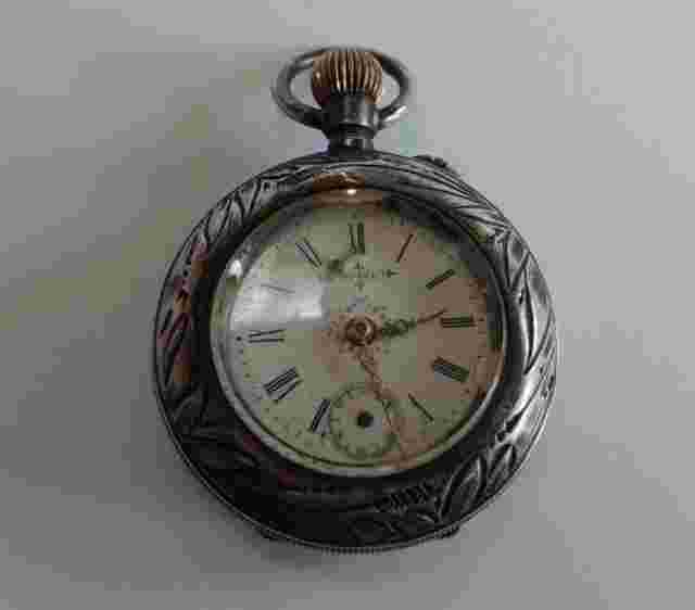 ANTIQUE 900 SILVER BIJOU POCKET WATCH PENDANT DRAGONFLY CRANE MOTIF - AS FOUND