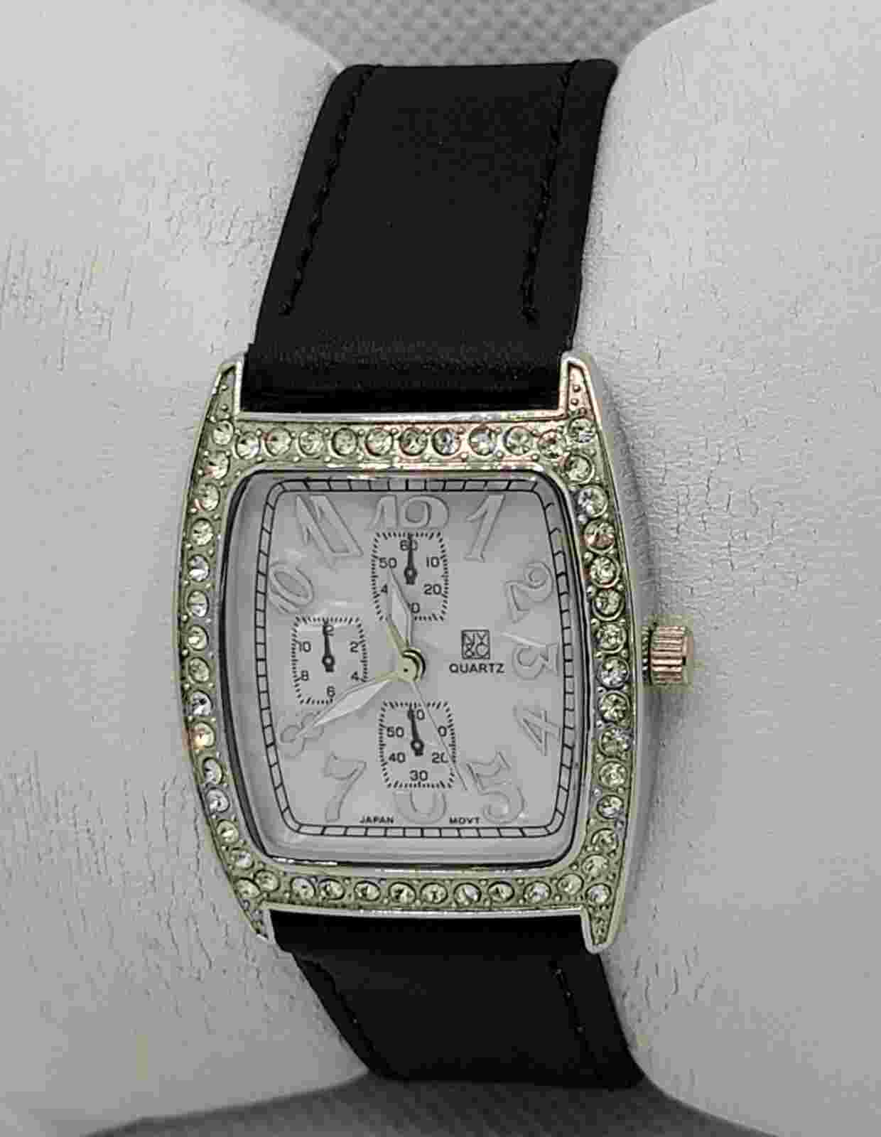 Ladies NY&C Stylish Paved Tank Silver Tone Black Leather Band Analog Watch K7
