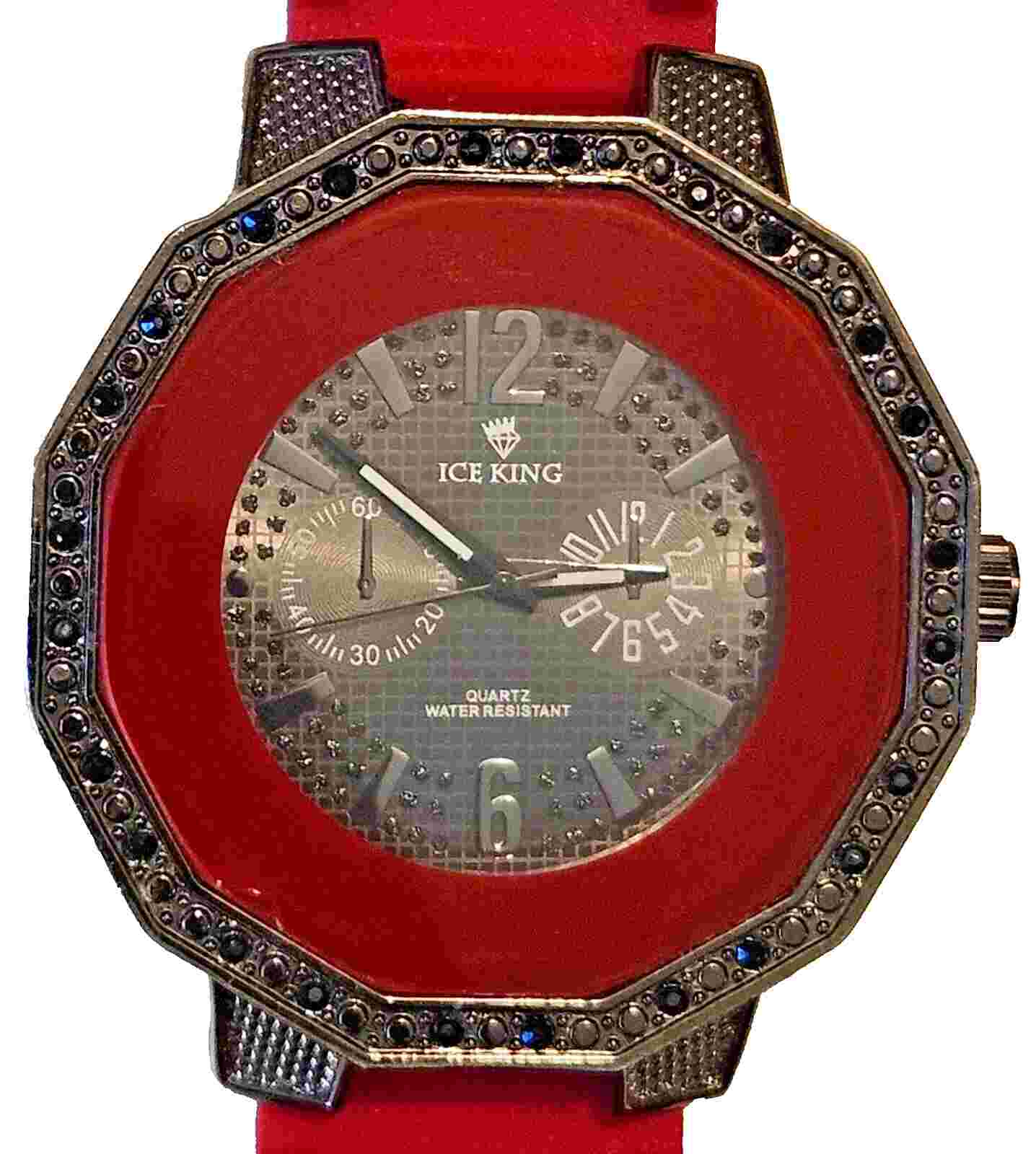 ICE KING 4806 Men's Quartz Watch Big Face Black Jewel Chips Stainless Steel Red