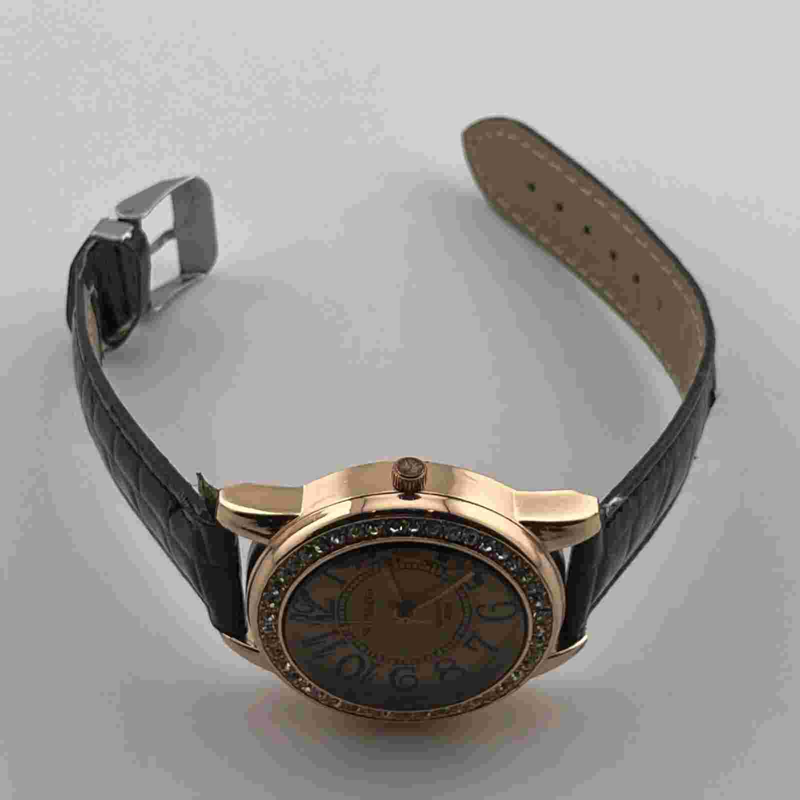 WoMaGe Womens Watch 37mm Case Gem Set Bezel Black Band Quartz Three Hands