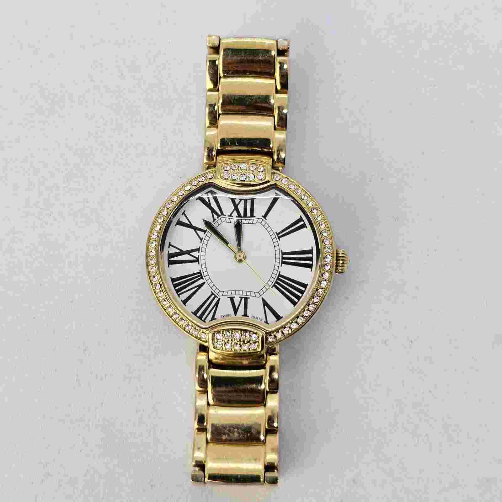 Bronzo Italia White Dial Crystal Bezel Gold Tone 5.75"-6.5" Women's Watch NewBat