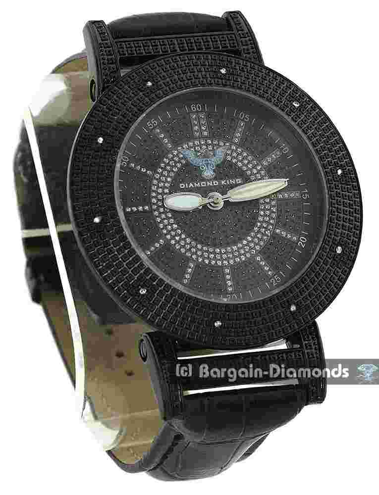 Mens Big 52 mm Black Natural Diamond Clubbing Watch Black Leather 8.5"-10" wrist