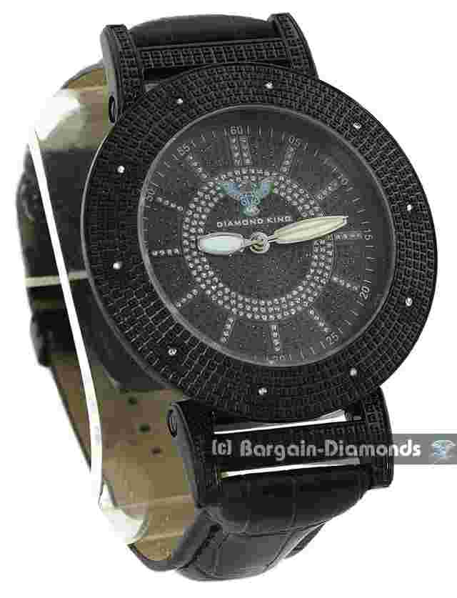Mens Big 52 mm Black Natural Diamond Clubbing Watch Black Leather 8.5"-10" wrist