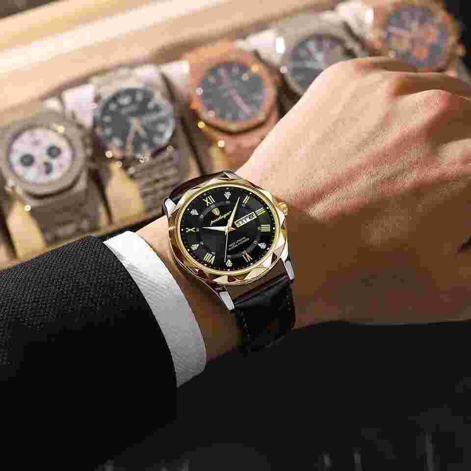Relojes De Hombre Pulsera De Cuero Piel Inoxidable Reloj Negro Dorado Formal