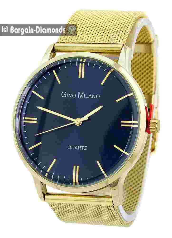 Mens Gold tone Calendar Clubbing Business Watch Sec Dk Blue Dial 6.75"-8.5" Mesh