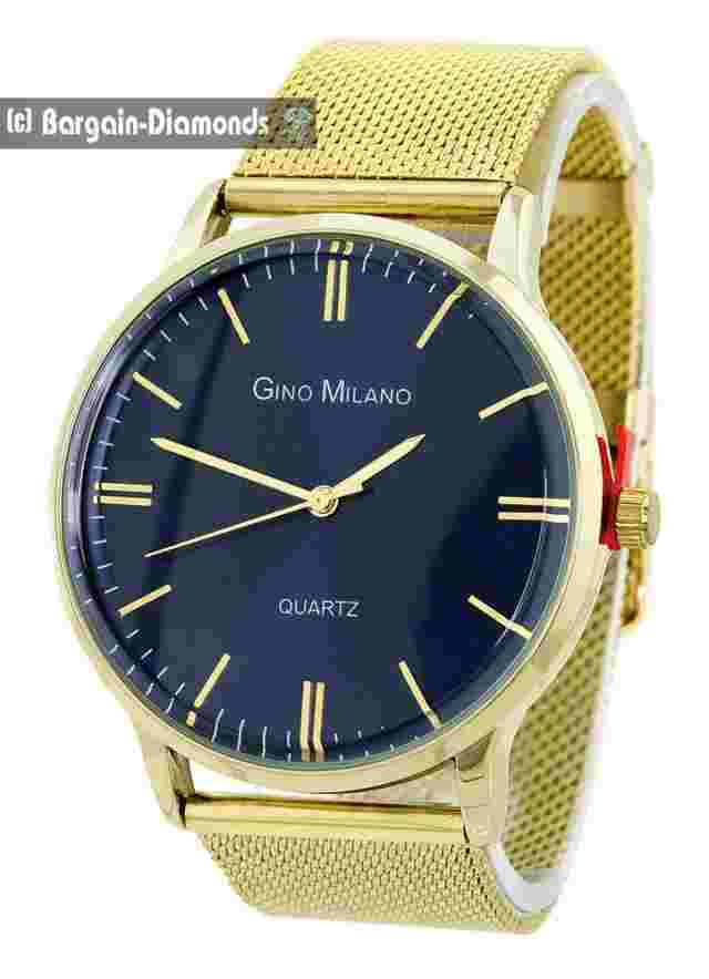 Mens Gold tone Calendar Clubbing Business Watch Sec Dk Blue Dial 6.75"-8.5" Mesh