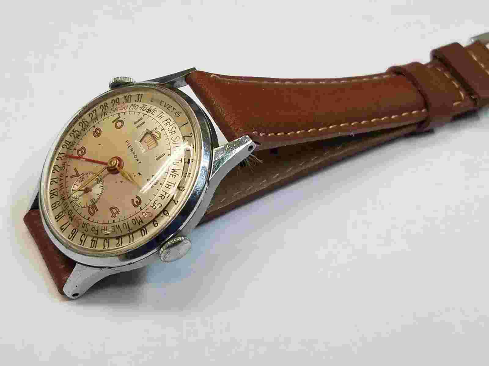 PIERPONT Triple Date Full Calendar Hand-Wind Watch Rare 1950's